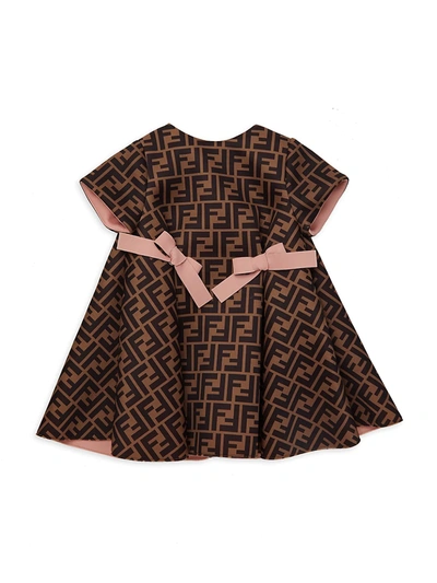 Shop Fendi Baby Girl's Neoprene Logo Bow Dress In Brown Pink