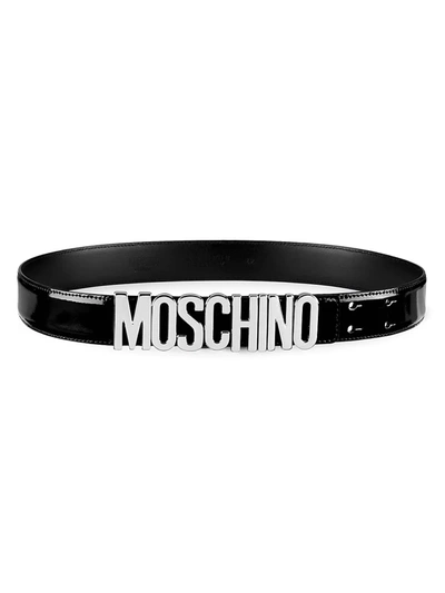 Shop Moschino Patent Leather Logo Belt In Black Multi