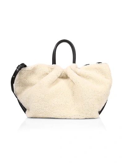 Shop Demellier Los Angeles Leather-trimmed Shearling Tote In Ivory Black