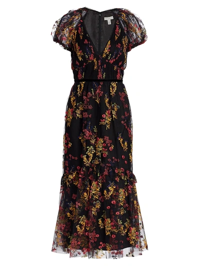 Shop Monique Lhuillier Floral Embroidered Short-sleeve Dress In Jet Multi