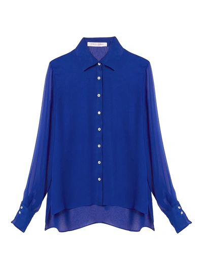 Shop Carolina Herrera Sheer-sleeve Silk Button Down Shirt In Cobalt