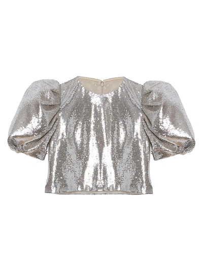 Shop Carolina Herrera Sequin Puff-sleeve Crop Top In Silver