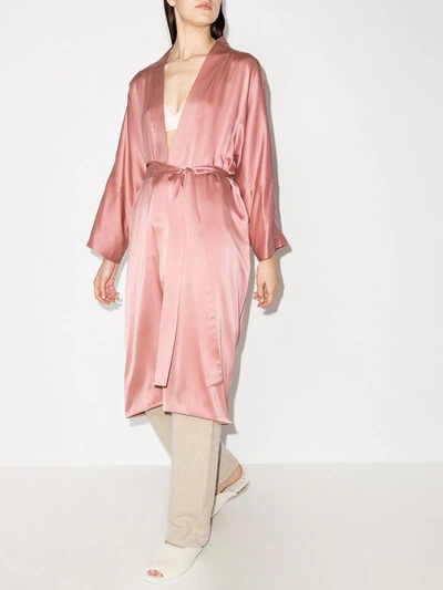 Shop Asceno Tied Waist Silk Robe In Pink