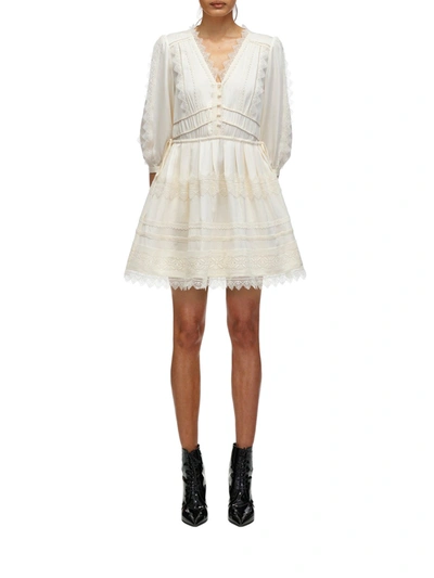 Shop Self-portrait Ivory Lace Trimmed Mini Dress In White