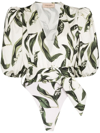 Shop Adriana Degreas Leaf Print Belted Bodysuit In White