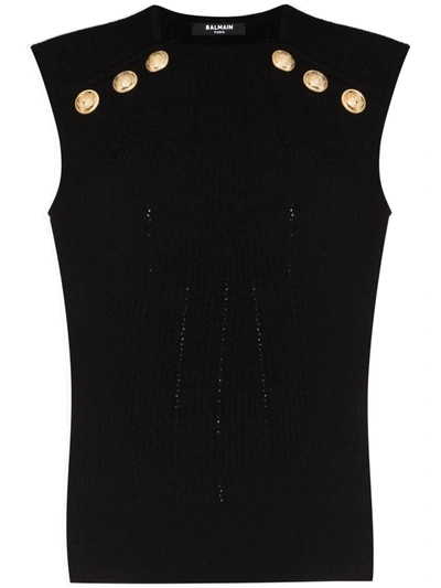 Shop Balmain Embossed-button Sleeveless Knitted Top In Black