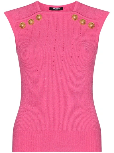 Shop Balmain Sleeveless Ribbed Knit Tank Top In Pink