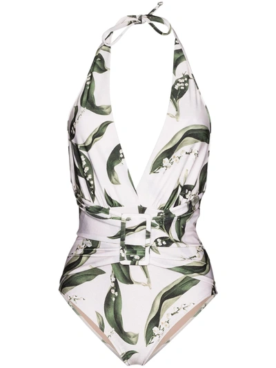 Shop Adriana Degreas Muguet Foliage-print Halterneck Swimsuit In White