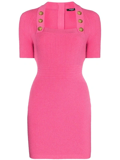 Shop Balmain Square-neck Knitted Mini Dress In Pink