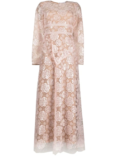 Shop Self-portrait Floral-embroidered Long-sleeved Midi Dress In Pink
