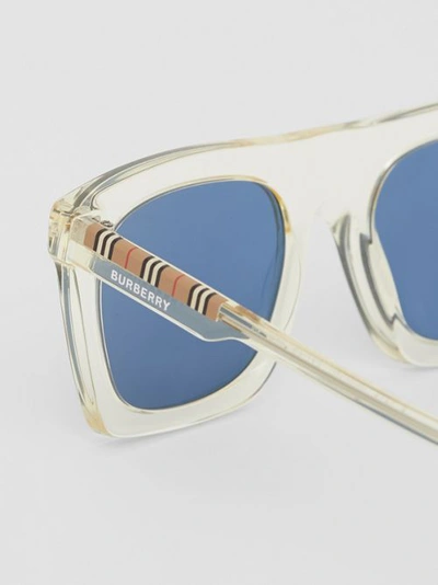 Shop Burberry Icon Stripe Detail Rectangular Frame Sunglasses In Pale Yellow
