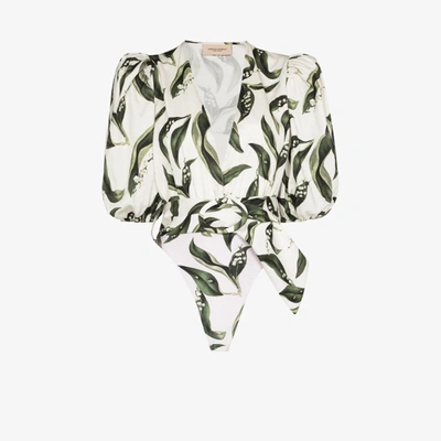 Shop Adriana Degreas Muguet Leaf Print Belted Bodysuit In White