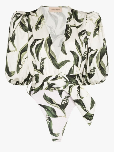 Shop Adriana Degreas Muguet Leaf Print Belted Bodysuit In White