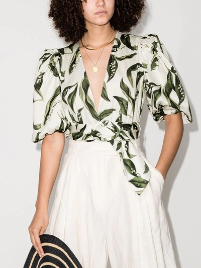 Shop Adriana Degreas Muguet Leaf Print Belted Bodysuit In White