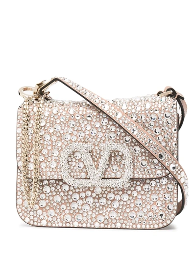 Shop Valentino Small Vsling Crystal-embellished Crossbody Bag In Neutrals