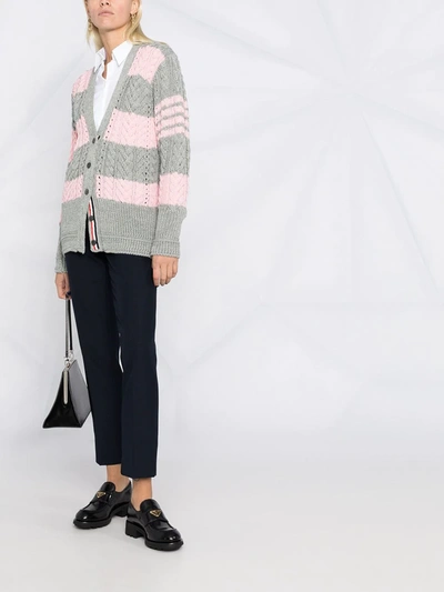 Shop Thom Browne Striped Cable Knit Cardigan In Green