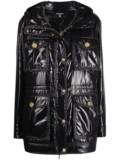 Shop Balmain High-shine Hooded Jacket In Black