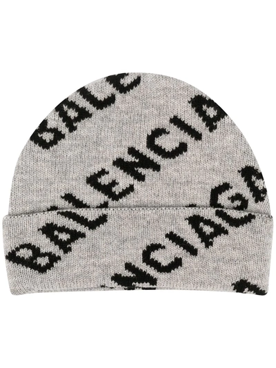Shop Balenciaga All-over Logo Beanie In Grey