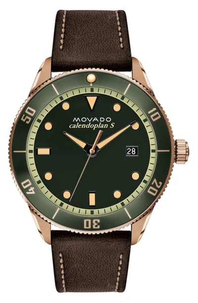 Shop Movado Heritage Calendoplan Leather Strap Watch, 43mm In Chocolate/ Green/ Bronze