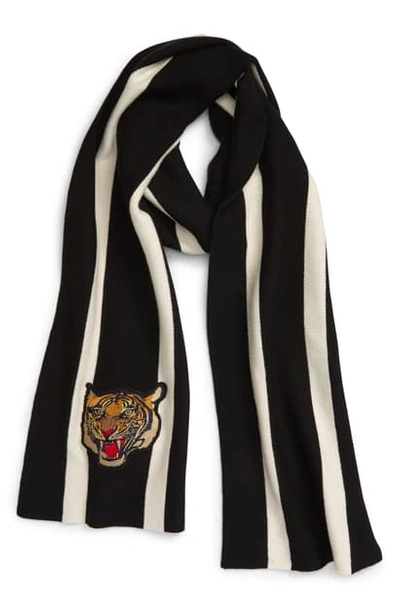 Shop Polo Ralph Lauren Stripe Tiger Applique Knit Scarf In Polo Black/ White