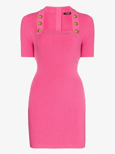 Shop Balmain Button Detail Mini Dress In Pink