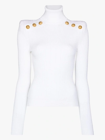 Shop Balmain White Ribbed Roll-neck Sweater