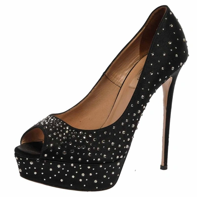 Pre-owned Valentino Garavani Black Crystal Embellished Satin Peep Toe Platform Pumps Size 38.5