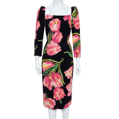 Pre-owned Dolce & Gabbana Black/pink Nylon Blend Tulip Print Fitted Dress L