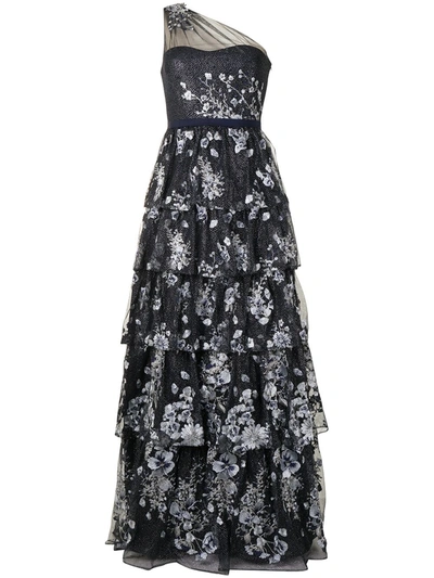 Shop Marchesa Notte Long Floral-embroidered Dress In Blue