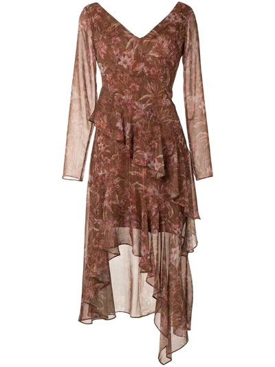 Shop Marchesa Notte Floral-print Sheer Midi Dress In Brown