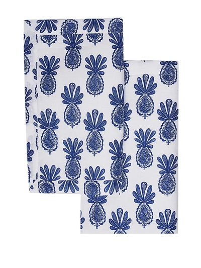 La Doublej Set Of Two Pineapple-print Linen Placemats In Blue