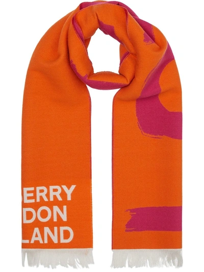 Burberry Love And Logo Wool Silk Jacquard Scarf In Orange | ModeSens