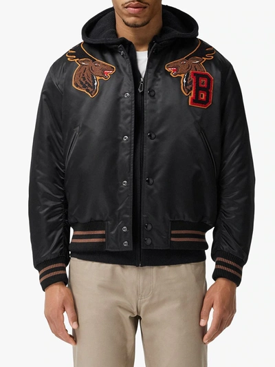 Shop Burberry Varsity Satin Bomber Jacket In Black