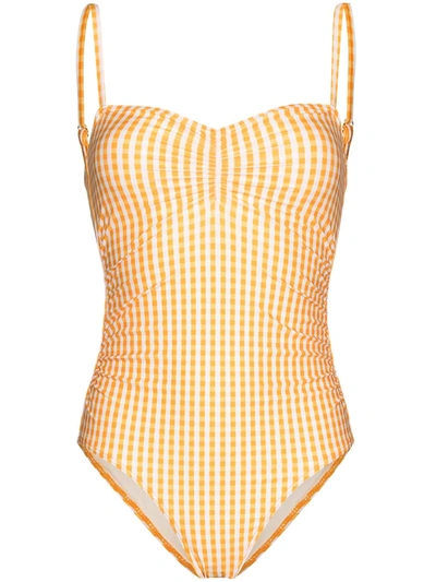 Shop Peony Gingham Check Print Swimsuit In Orange