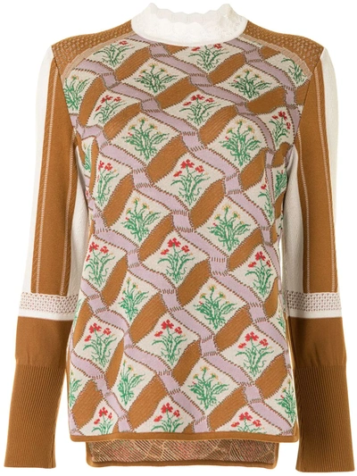 Shop Mame Kurogouchi Geometric Floral Knit Jumper In Brown