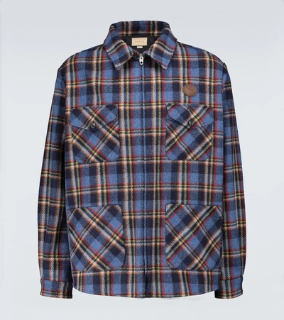 Shop Gucci Checked Overshirt With Tiger Patch In Blue