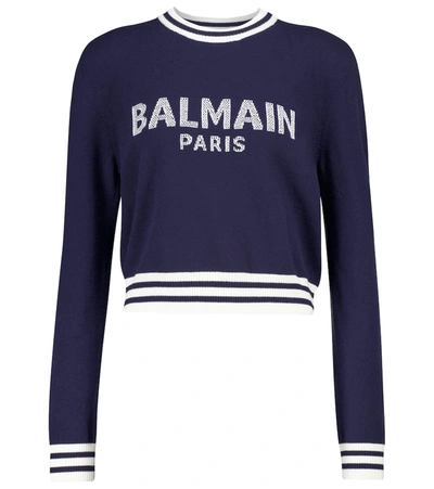 Shop Balmain Logo Wool And Cashmere-blend Sweater In Blue