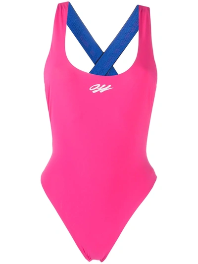 Shop Off-white Logo-tape Swimsuit In Pink