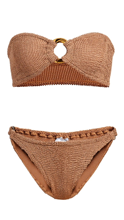 Hunza G Gloria Bandeau Knitted Bikini Set In Metallic Cocoa