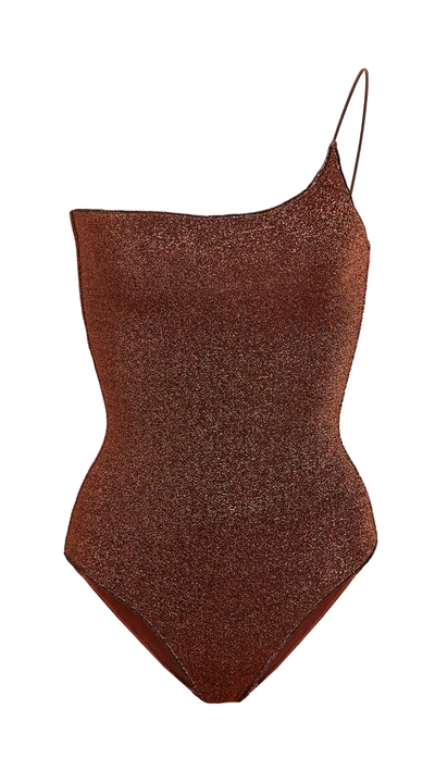 Shop Oseree Lumiere One Shoulder Maillot In Brown