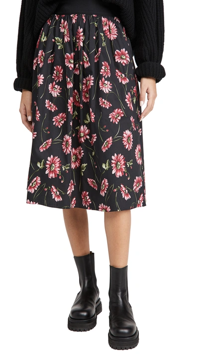 Shop Adam Lippes Midi Skirt With Elastic Waist In Printed Poplin In Black Daisy