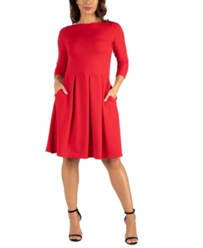 24seven Comfort Apparel Knee Length Fit N Flare Maternity Dress With Pockets In Red