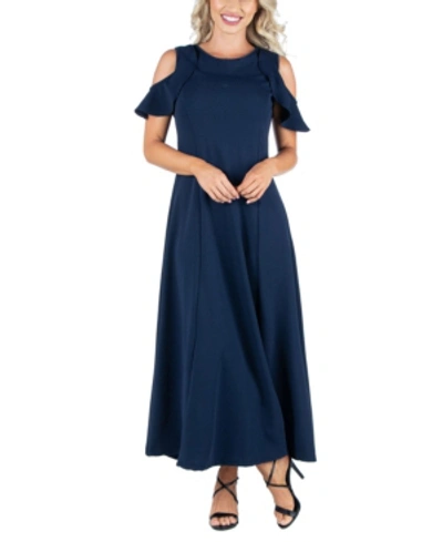 Shop 24seven Comfort Apparel Women's Ruffle Cold Shoulder A-line Maxi Dress In Navy