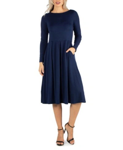 Shop 24seven Comfort Apparel Women's Midi Length Fit And Flare Dress In Navy