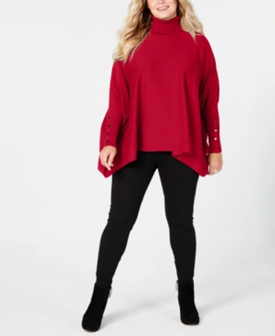 Shop Alfani Plus Size Turtleneck Poncho Sweater, Created For Macy's In Real Red