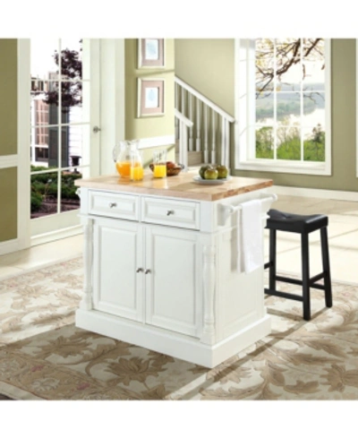 Crosley Oxford Butcher Block Top Kitchen Island With 24" Upholstered Square Seat Stools In White