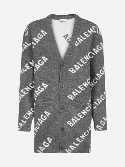 Shop Balenciaga All Over Logo Wool Cardigan