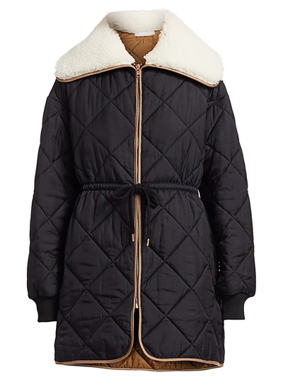 Shop See By Chloé Women's Quilted Faux Shearling Collar Parka Coat In Black