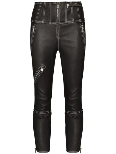 Shop Alexander Mcqueen Contrast Stitching Lambskin Cropped Trousers In Black