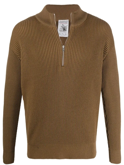 Shop S.n.s Herning Knitted Half Zip Sweater In Brown